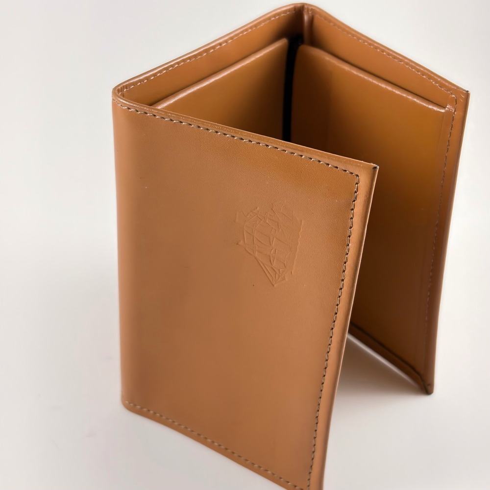 Tan Top Grain Cowhide Leather Trifold Wallet Mens Embossed Crest Brown - Picture 4 of 5